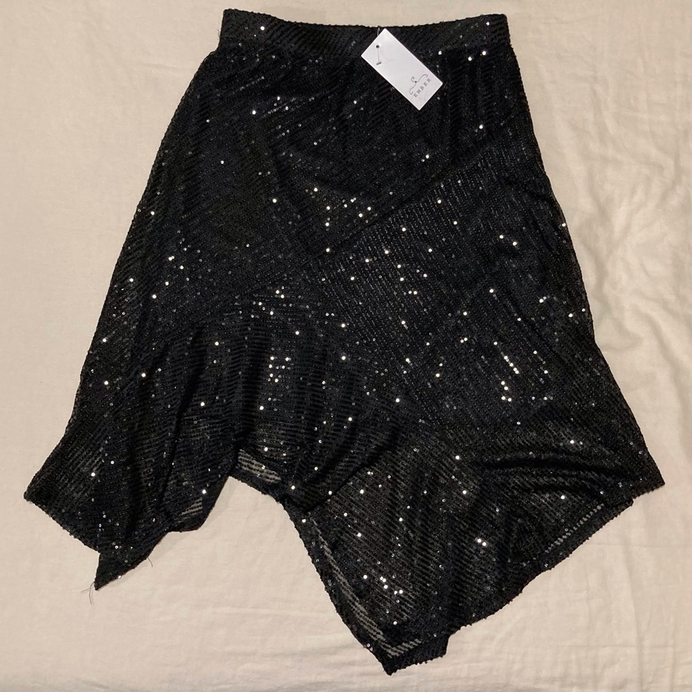 Ember‎ Asymmetrical Handkerchief Black Sequin Midi Skirt